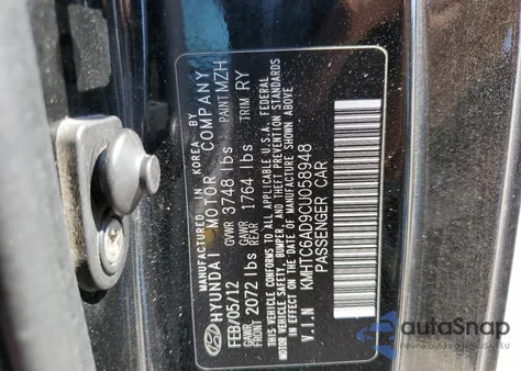 2012 Hyundai Veloster from USA, damaged, VIN KMHTC6AD9CU058948